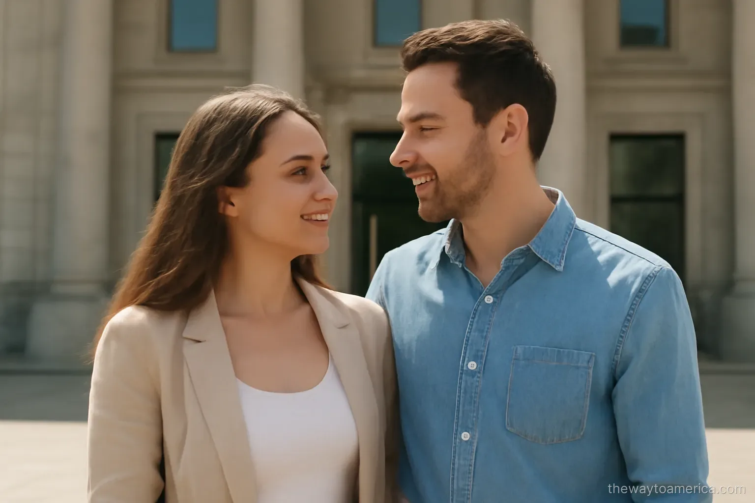 a couple standing outside a large building at midday looking at each other rather than the camera