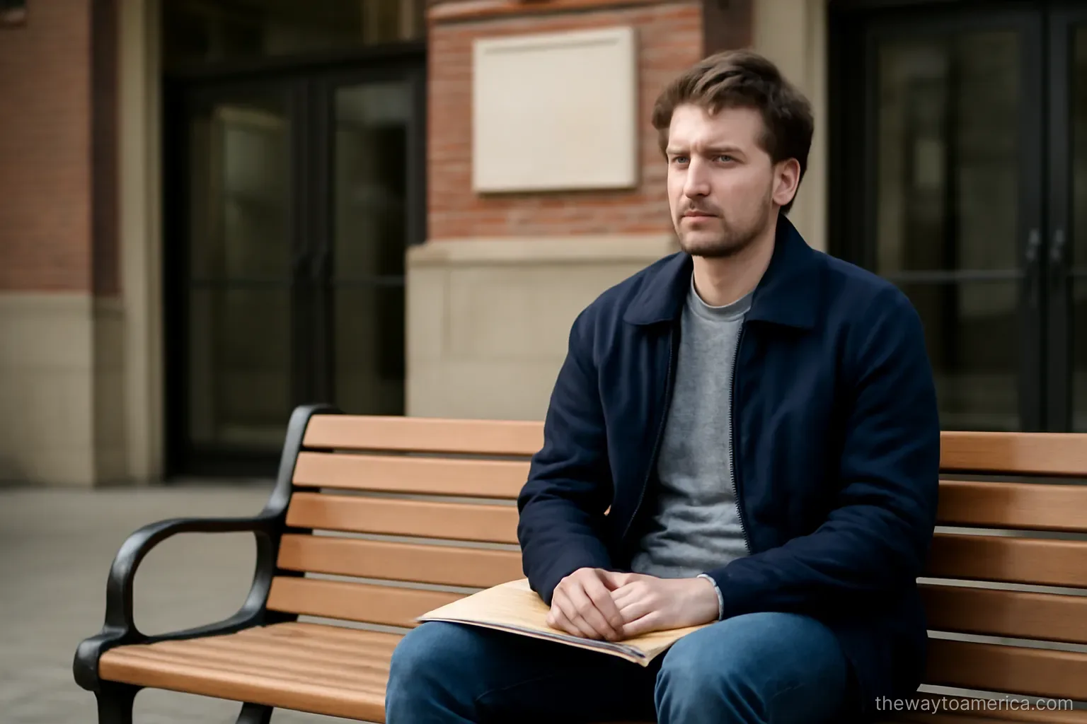 a person waiting on a bench outside a municipal building with a folder on their knees
