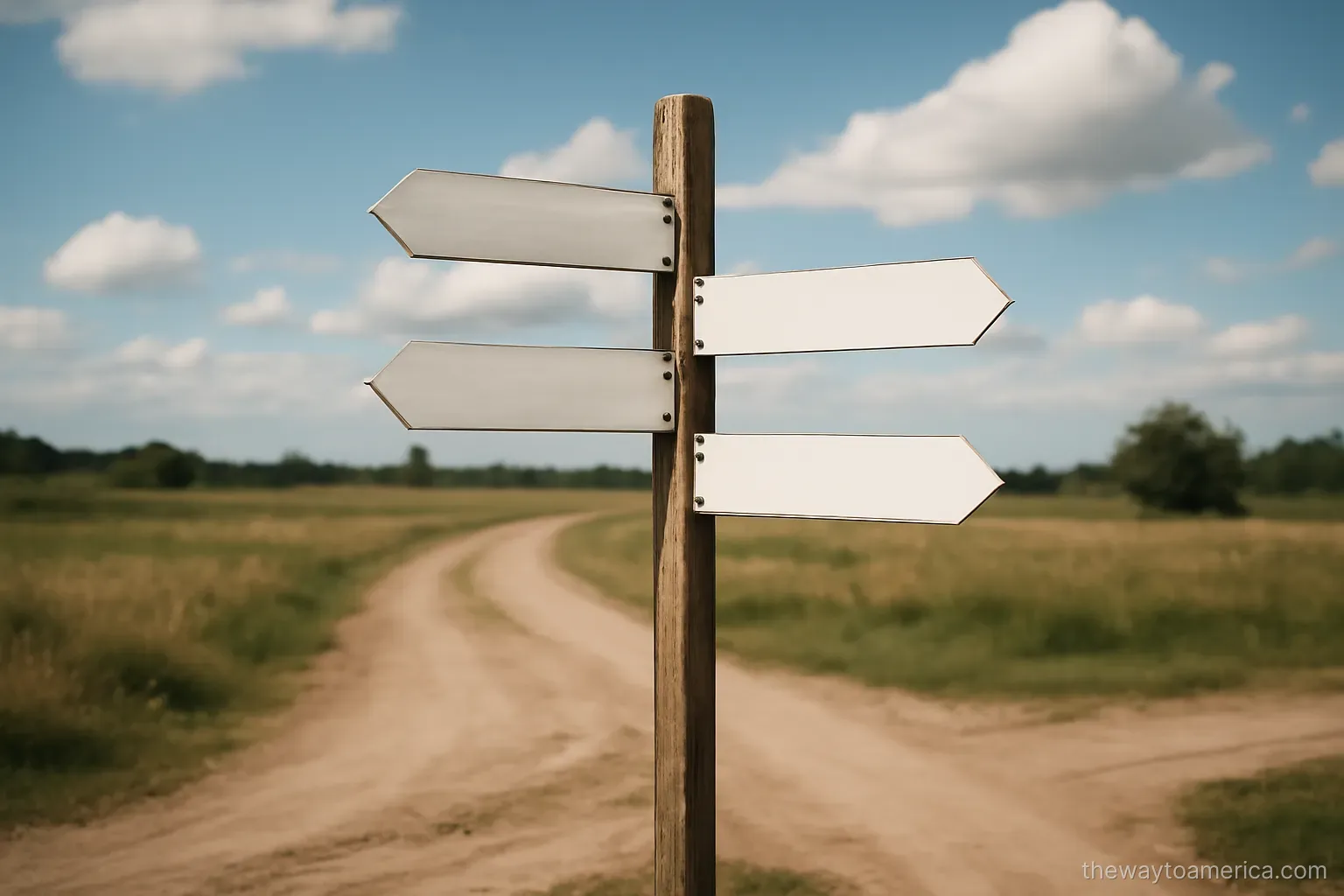 a signpost at a rural crossroads with several blank arms pointing in different directions under open sky