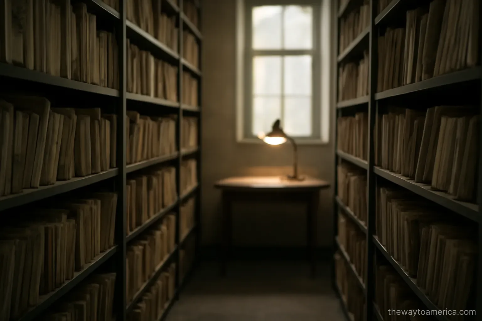 an archive room with tall shelves of old paper files and a single desk lamp lit at the end