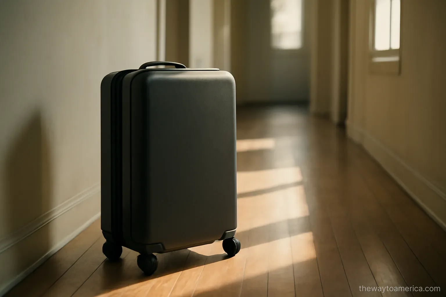 a suitcase standing unopened in a bare hallway with afternoon sun across the floor