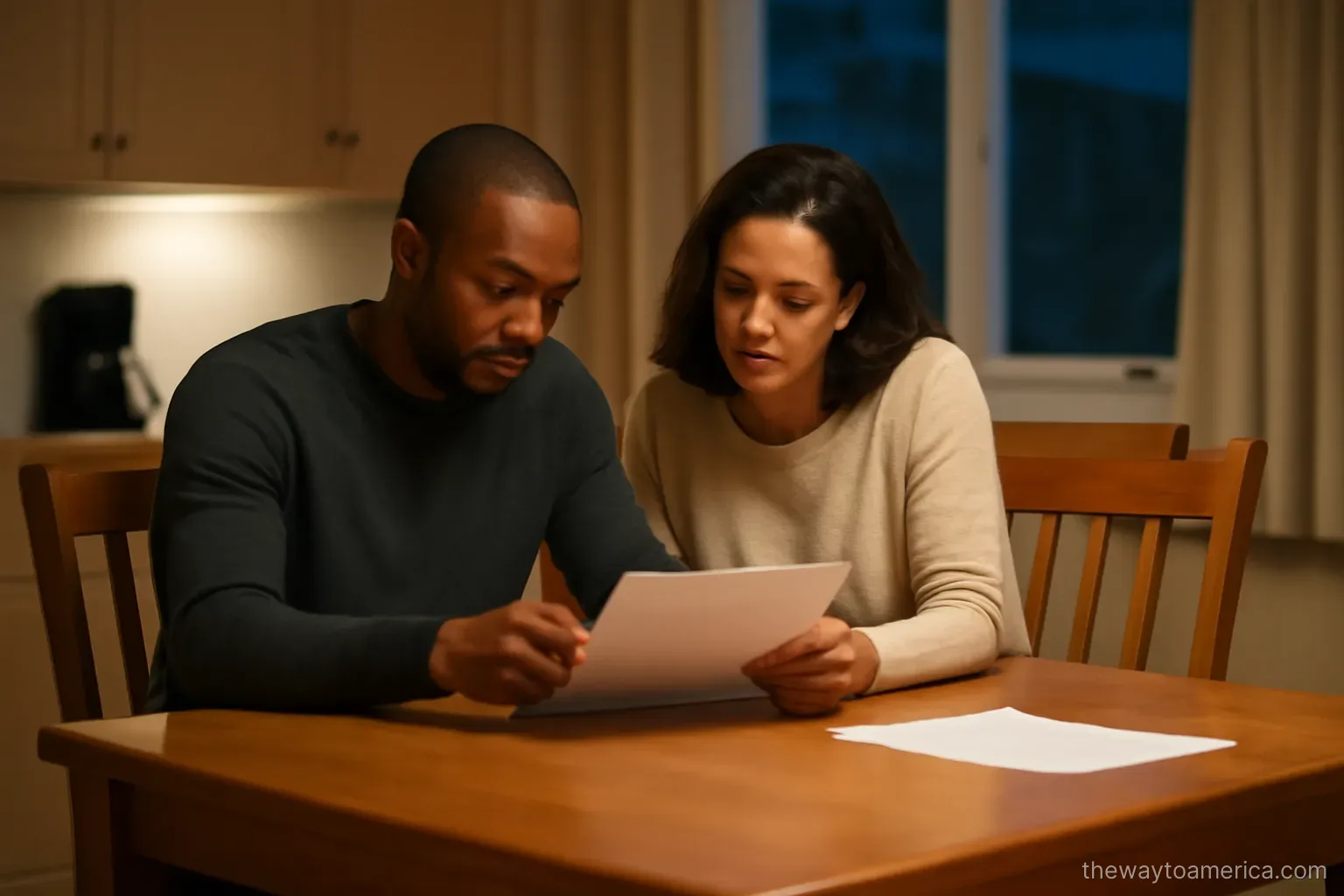 a kitchen table with four chairs where two people sit reviewing a folder together at night