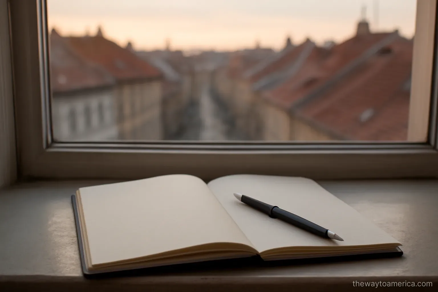 a notebook and pen resting on a windowsill above a street at early morning with rooftops beyond