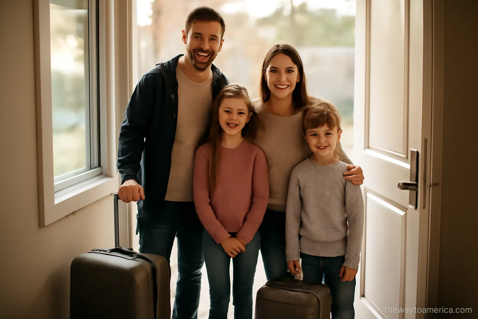 a family standing together at a doorway with luggage beside them early in the morning