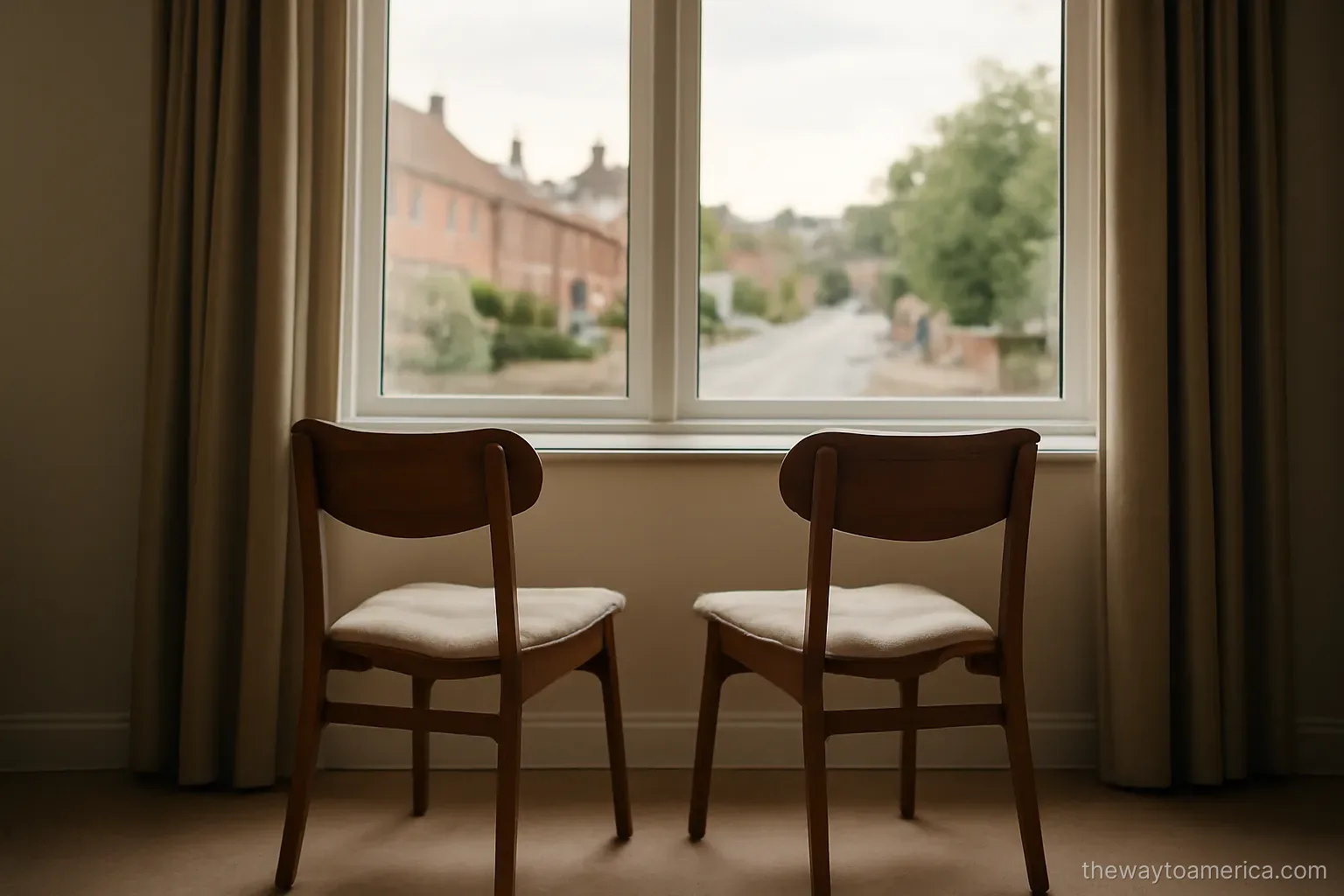 a wide window looking out over a residential street with two chairs turned toward it