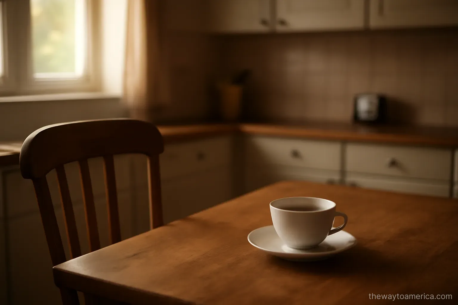an empty chair at a kitchen table with a cup of tea going cold in the evening
