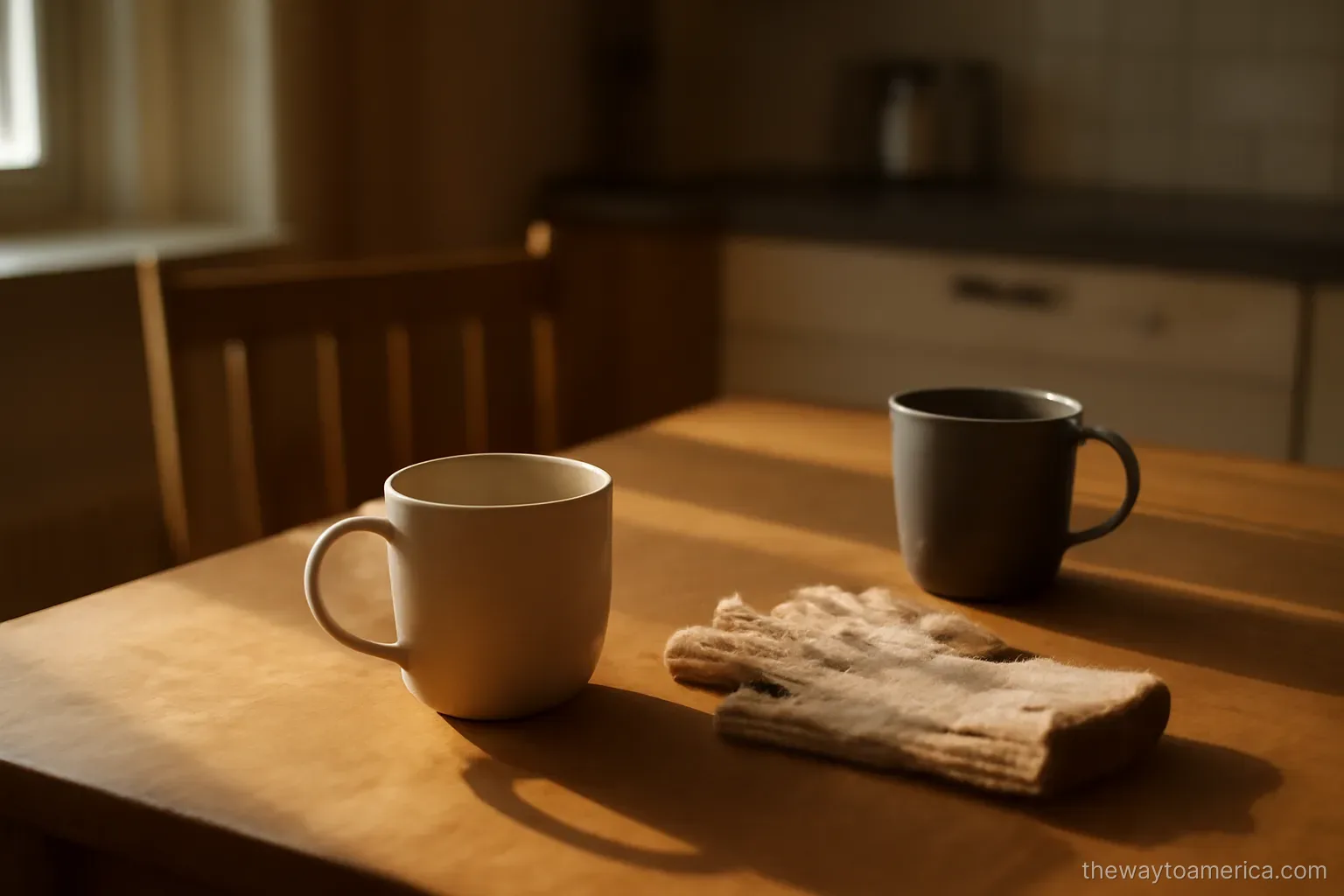 a kitchen table with two mugs and a pair of gloves in low morning sunlight