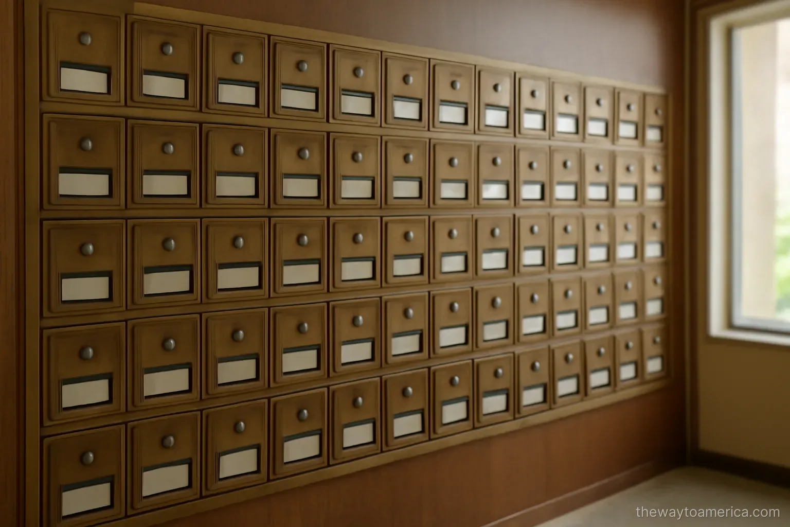 a wall of small brass post office boxes seen head on in a quiet lobby