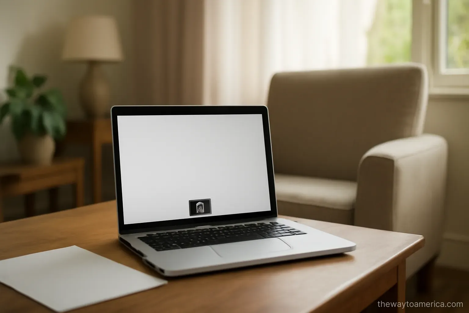 a video call set up on a laptop facing an empty chair in a quiet living room