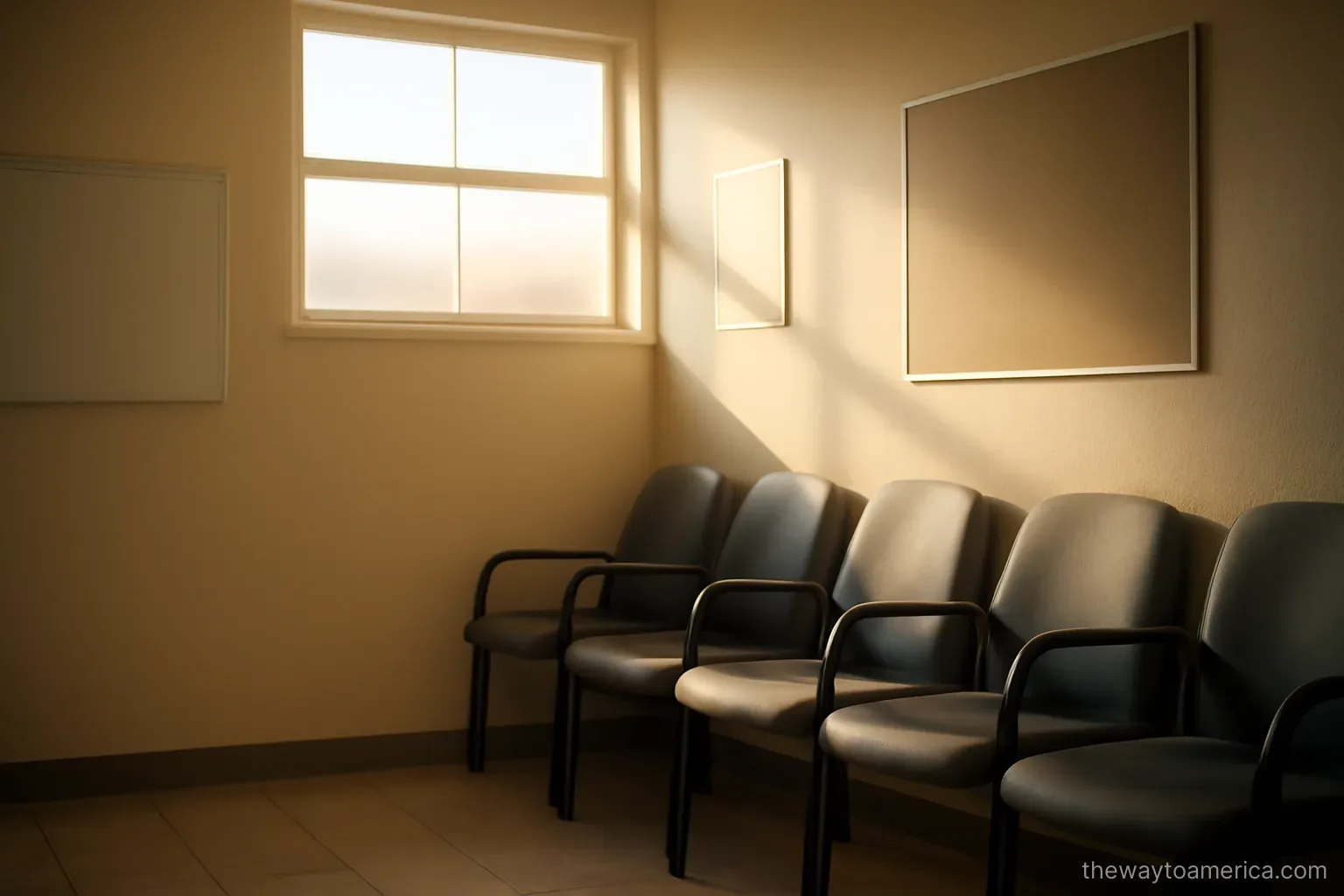 a clinic waiting room with empty chairs along a wall and morning light through a high window