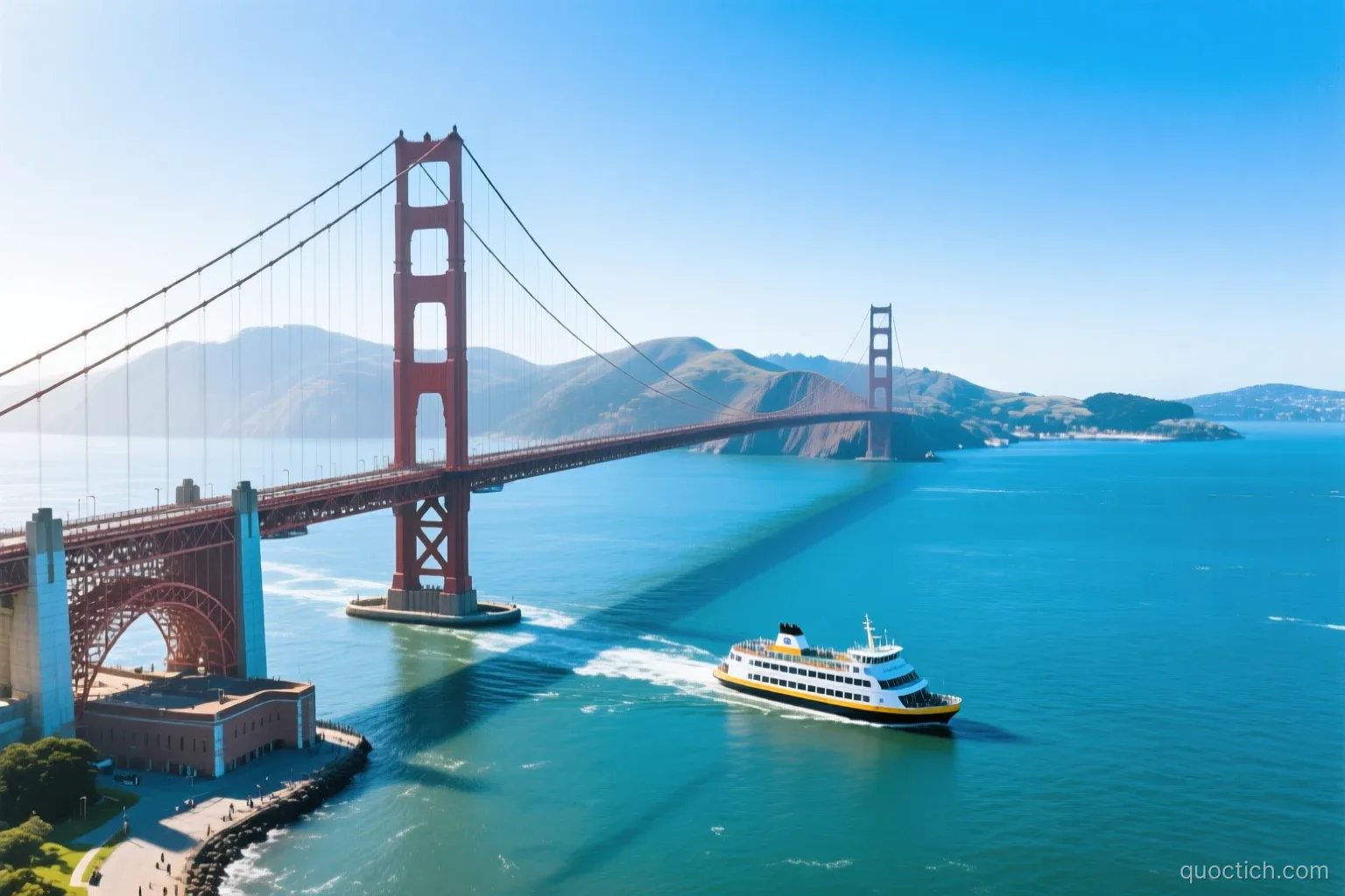 Wide aerial view of the Golden Gate Bridge over blue San Francisco Bay on a clear morning, a ferry crossing below, bright sunlight, no people visible.