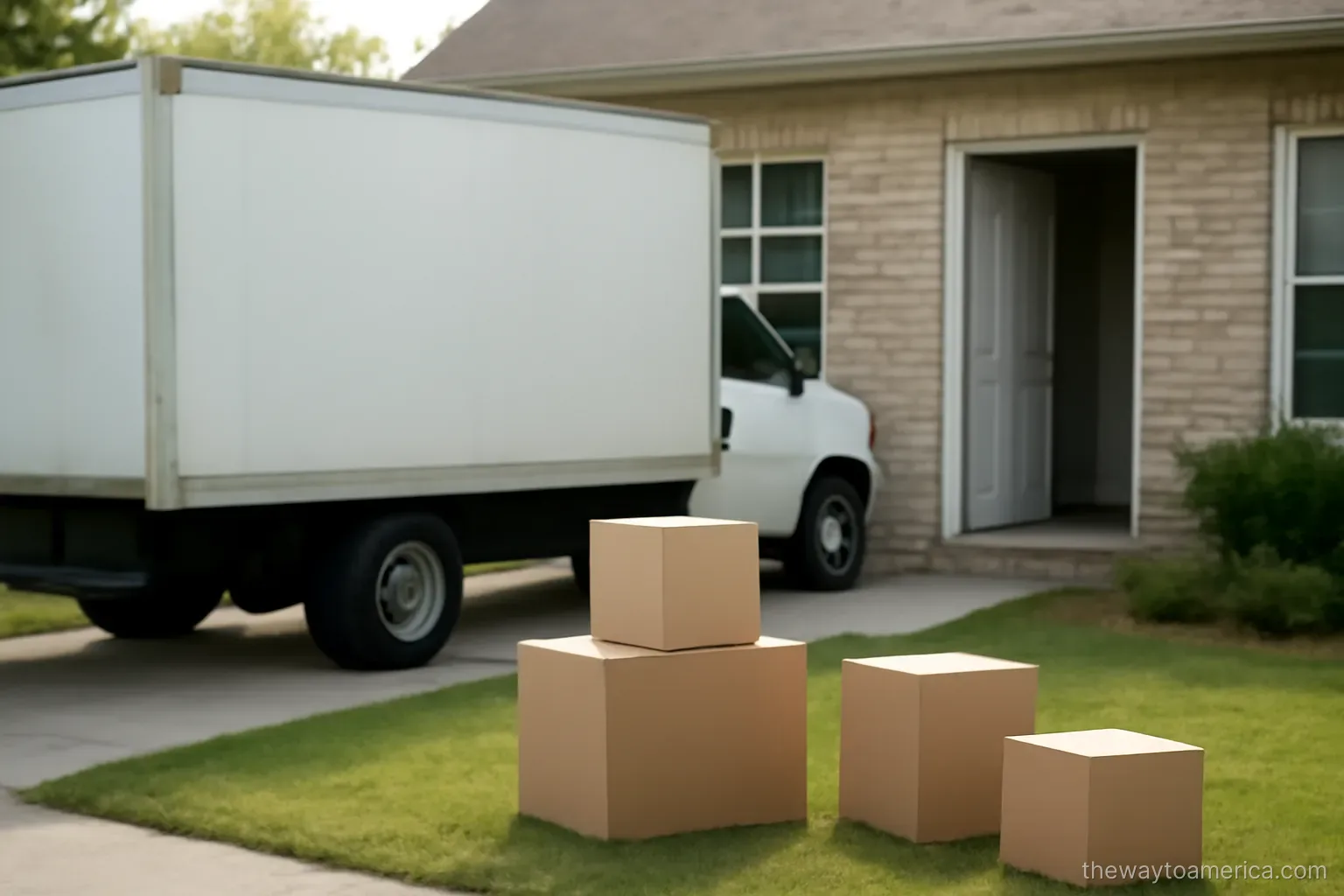 a moving van parked outside a house with boxes on the lawn and a front door standing open