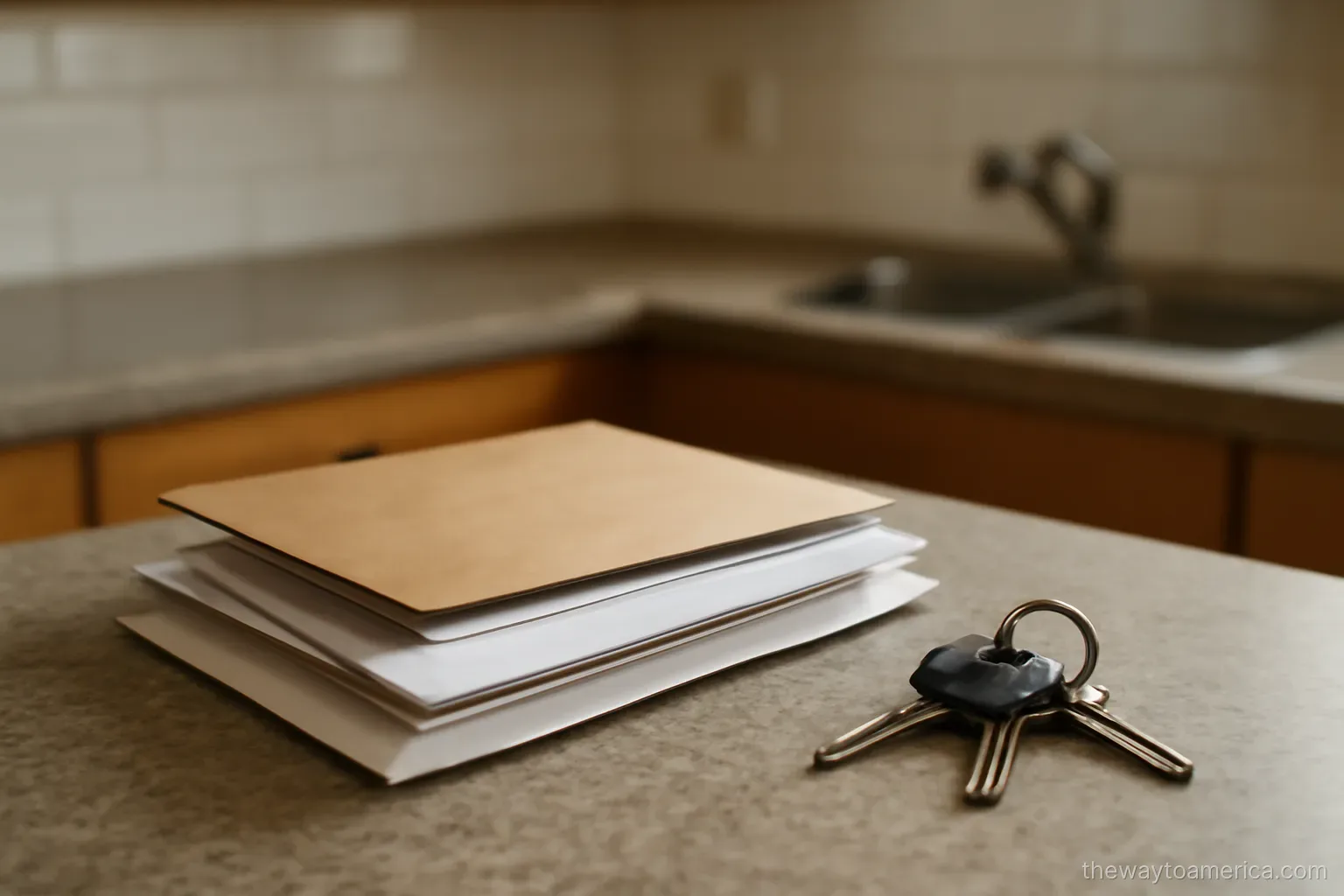 a pile of unopened post on a kitchen counter beside a set of unfamiliar keys