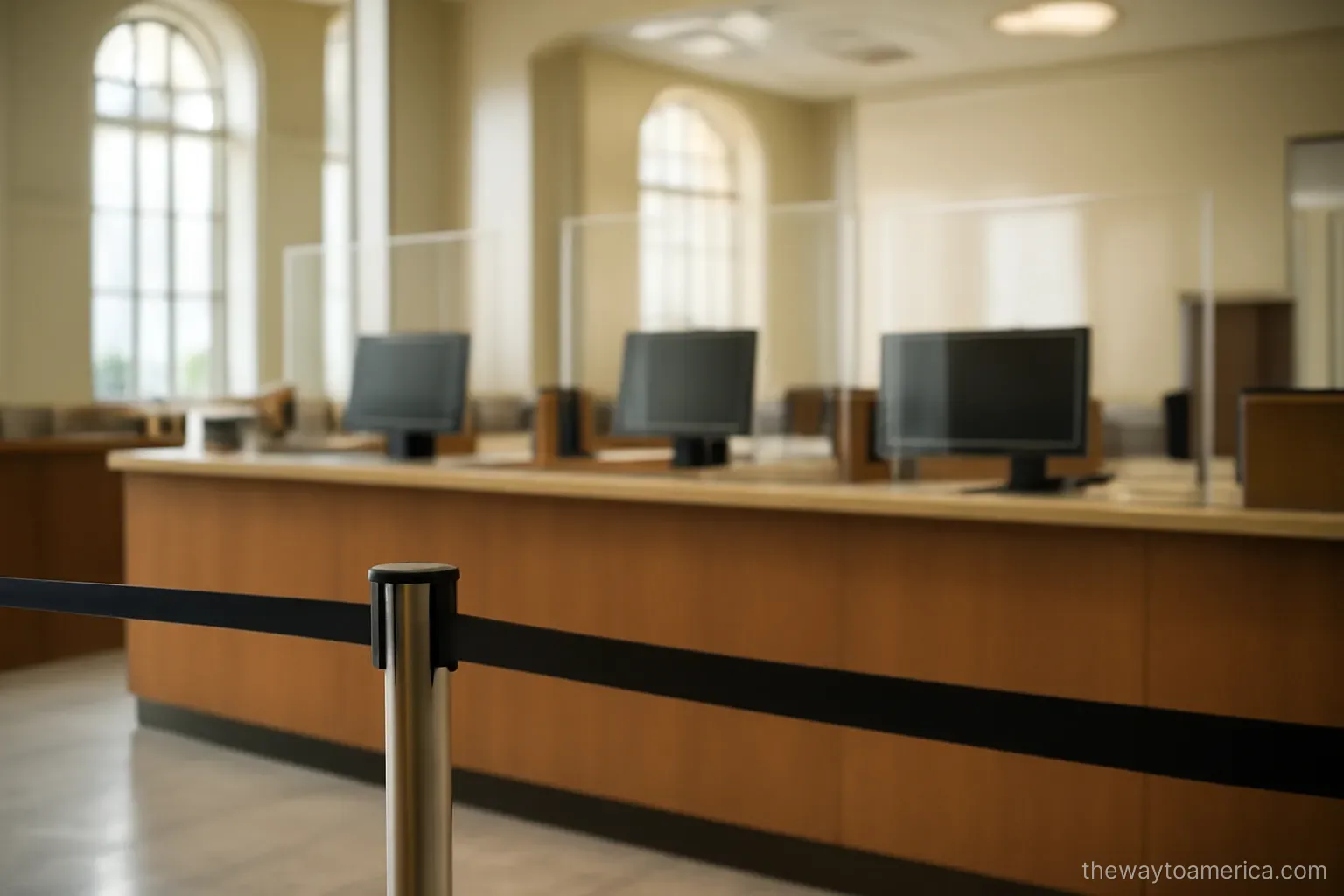 a bank counter seen from behind a queue rail in a quiet branch with high ceilings