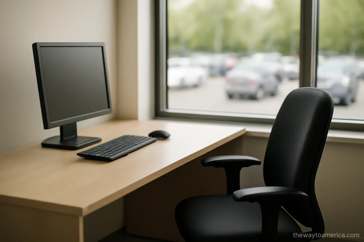 an empty office desk with a chair pushed in beside a window overlooking a car park