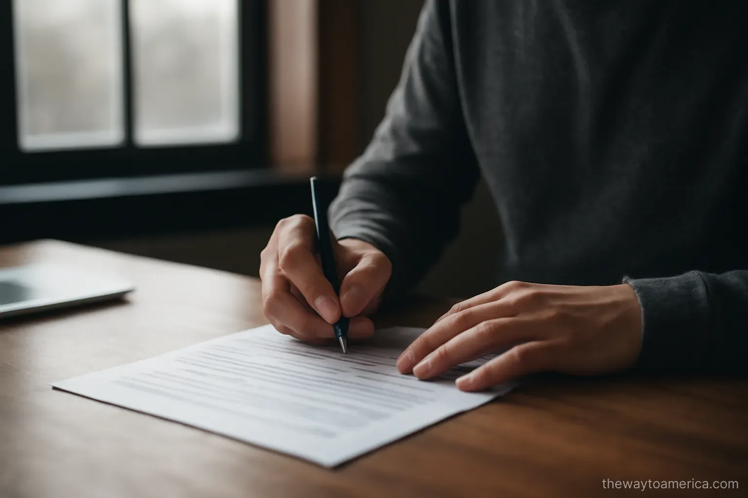 a person at a desk filling in a form by hand with a darkened window behind them