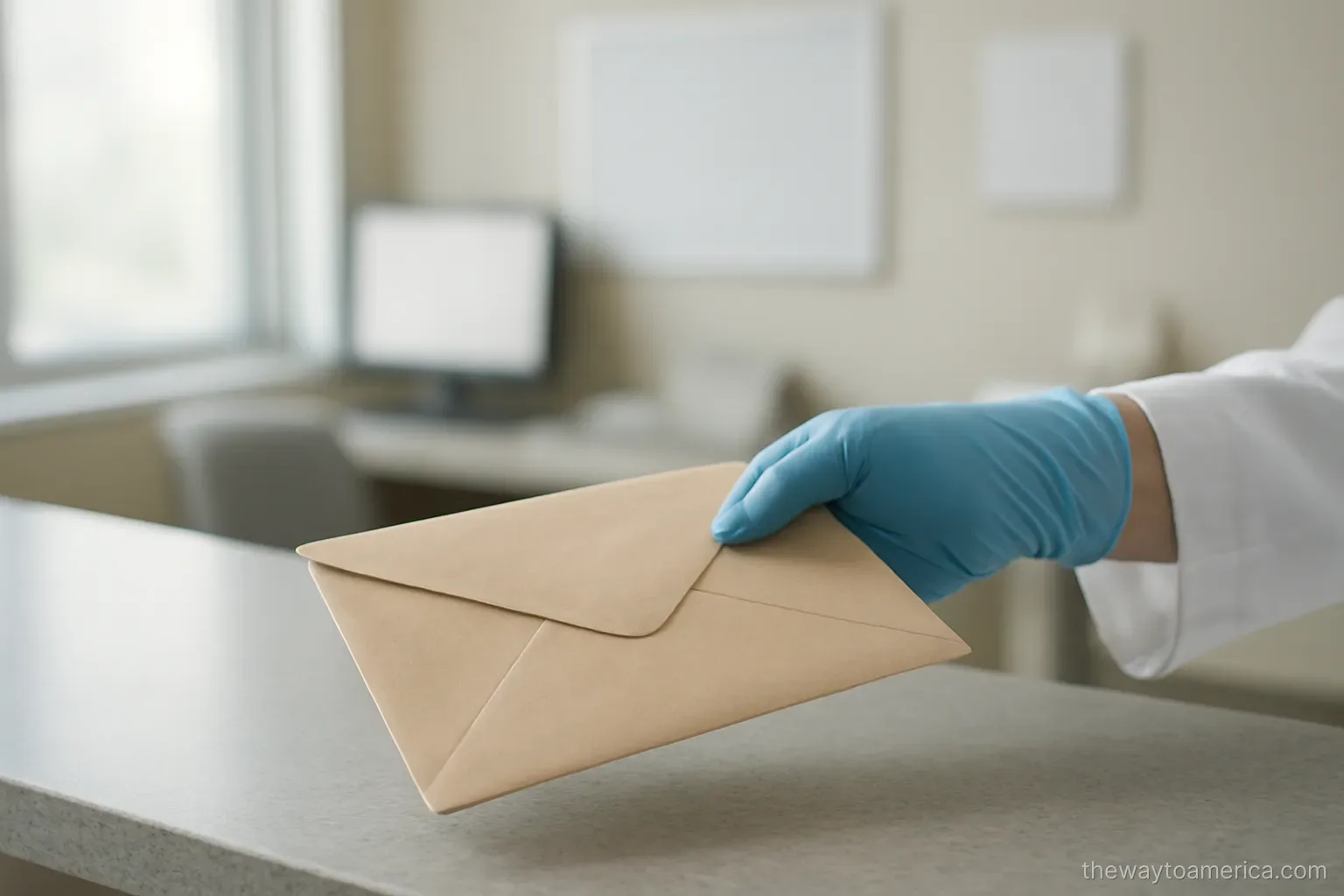 a sealed envelope held in a gloved hand across a reception counter in a medical office