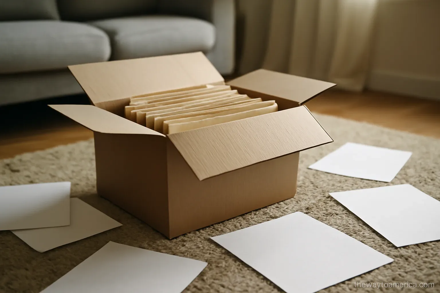 a cardboard box of folders opened on a living room floor with papers spread around it