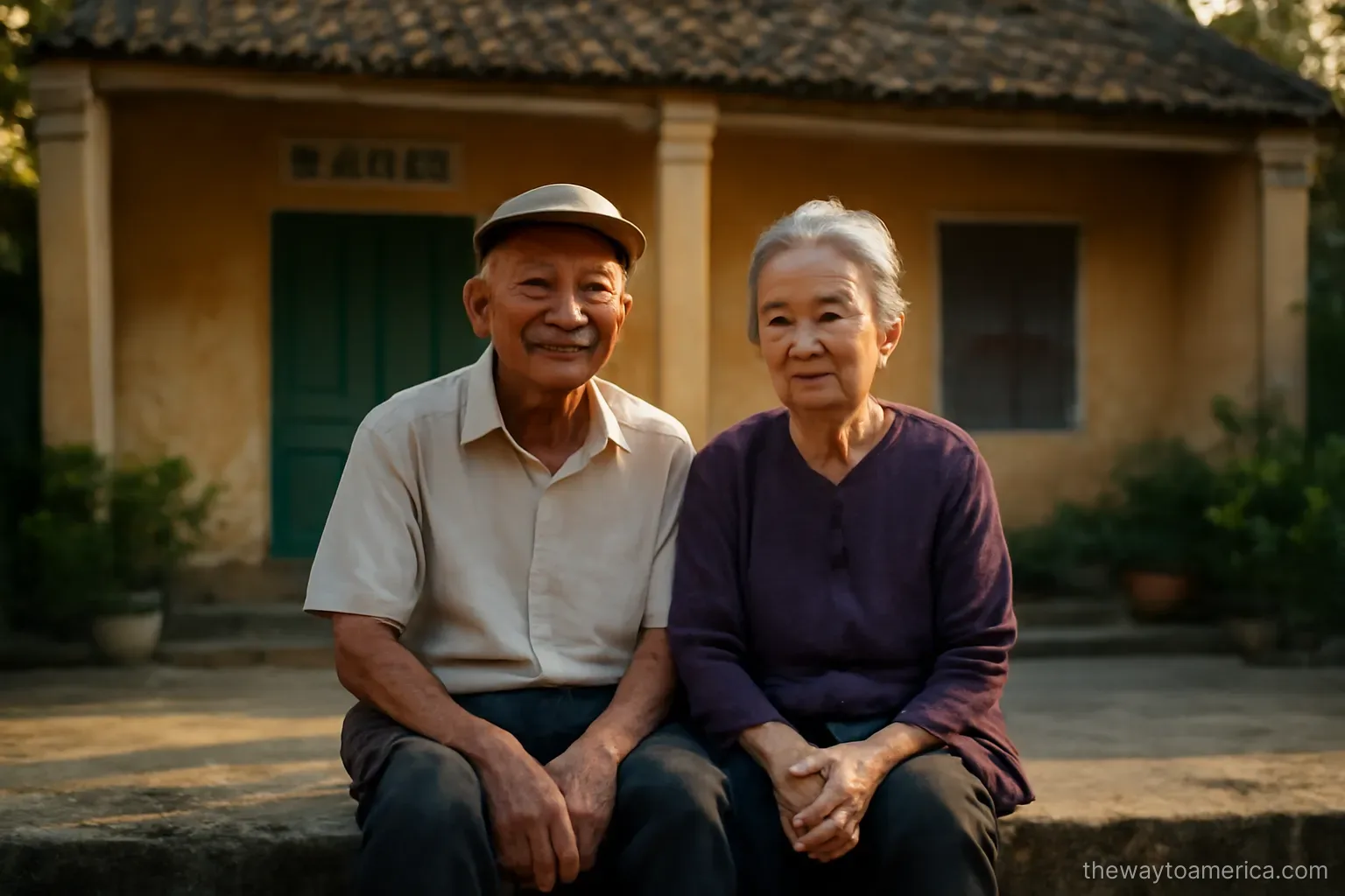 an elderly couple sitting on a low wall outside a Vietnamese house in late afternoon