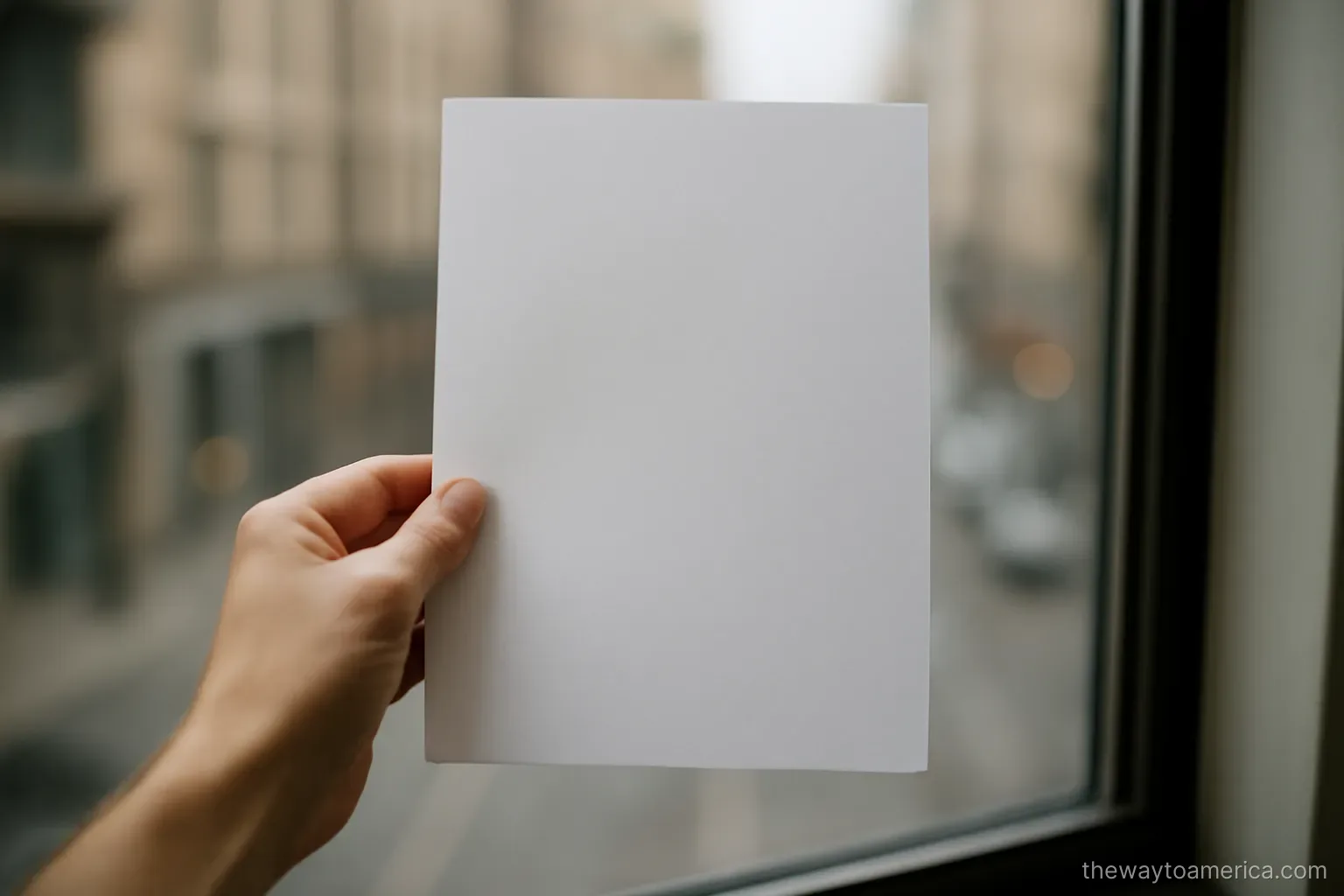 a hand holding a printed page near a window while a city street blurs below