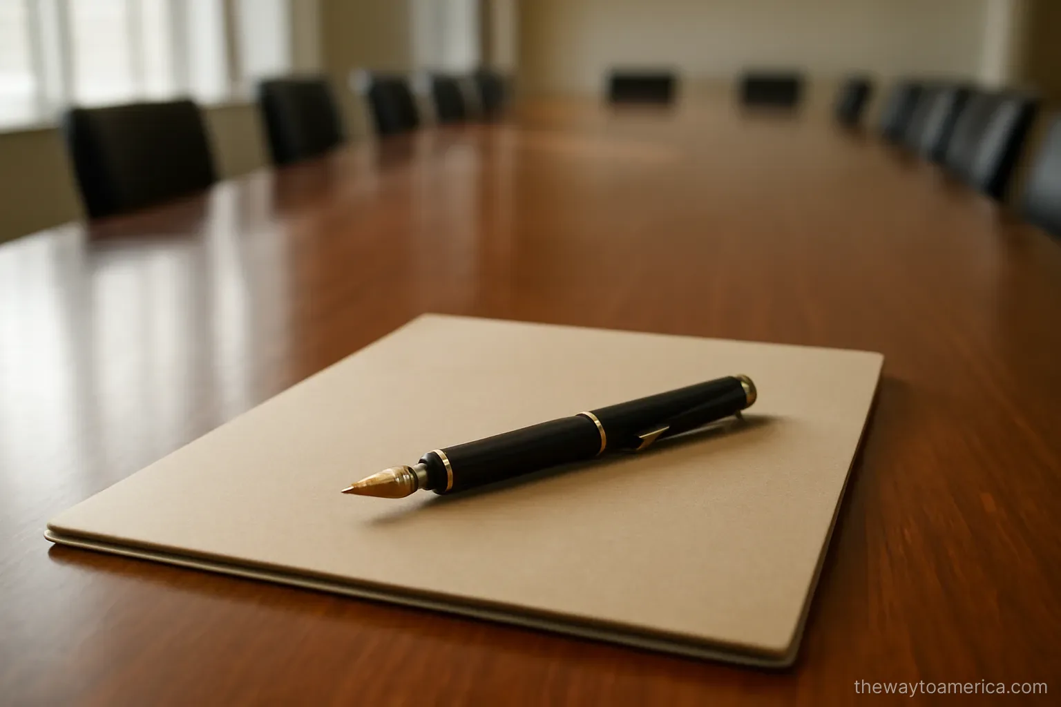 a fountain pen resting on a closed folder at the end of a long polished table