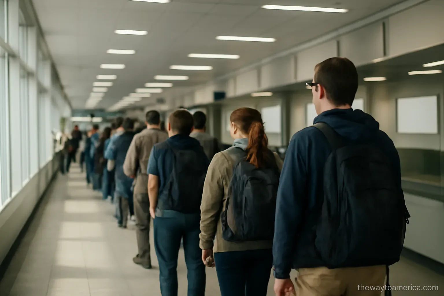 a long immigration hall with a line of travellers seen from behind under bright ceiling lights
