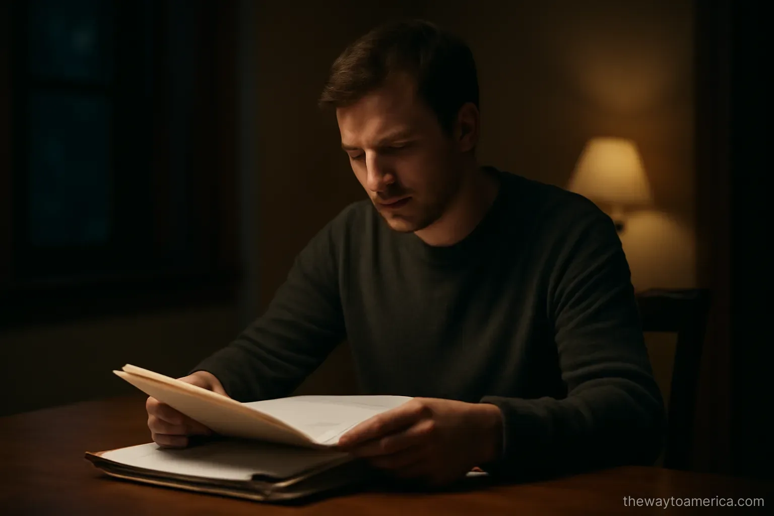a person sitting alone at a table at night reading through a thick folder of papers