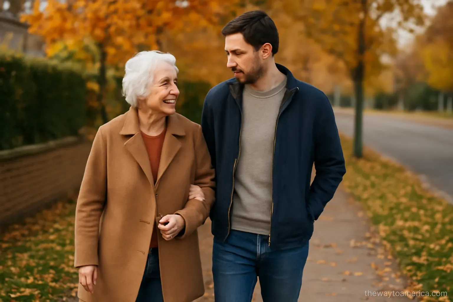 an older woman and a younger man walking together along a suburban pavement in autumn