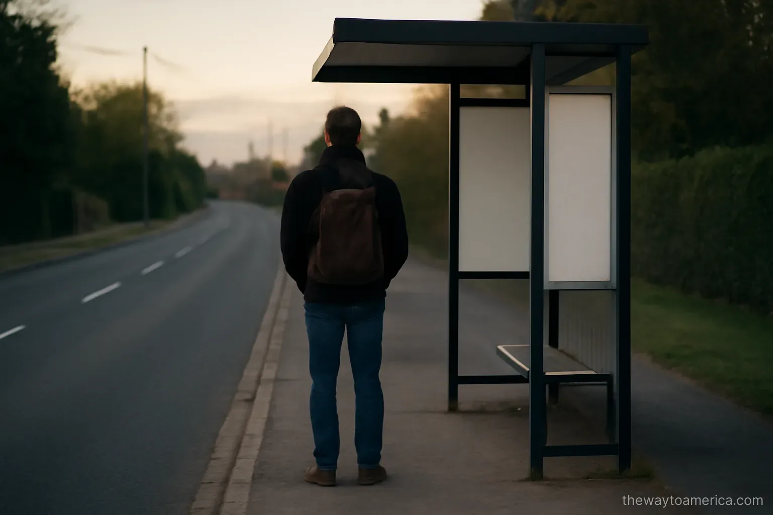 a person standing alone at a bus stop on an empty suburban road in early evening