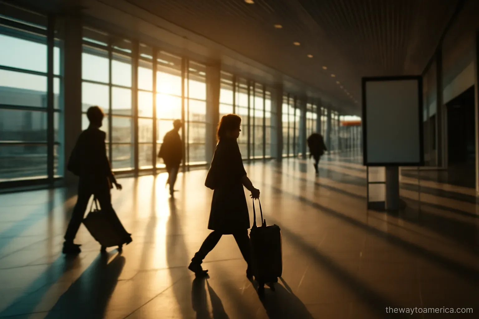 a wide airport concourse at dawn with a few travellers crossing beneath tall windows and long shadows