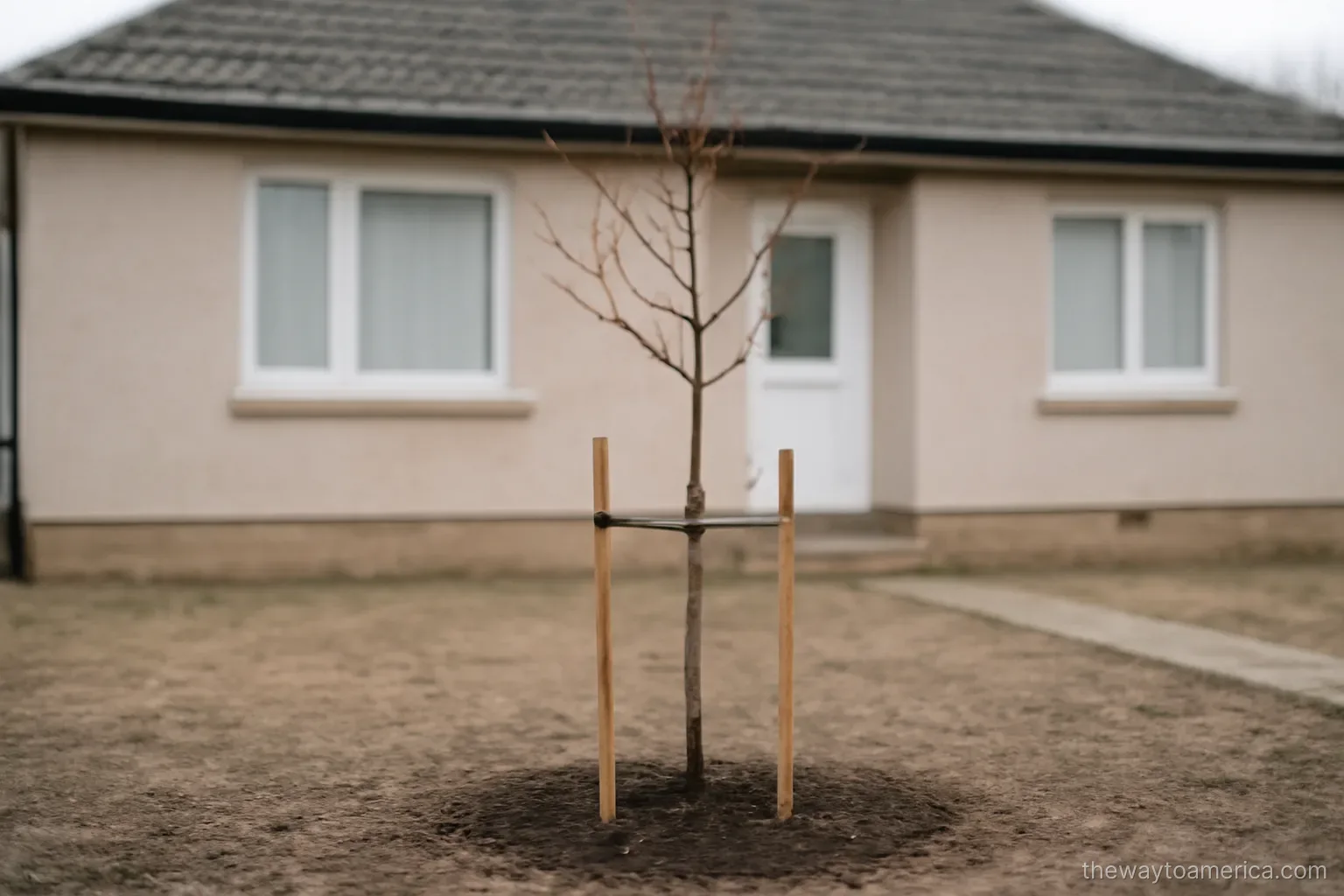 a young tree staked in a bare front garden with a house behind it in flat winter light