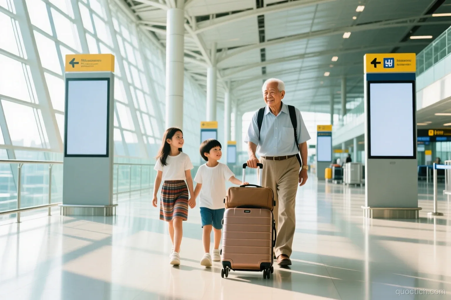 Thai family with two children and a grandfather wheeling suitcases through the bright, high-ceilinged departure hall of Suvarnabhumi Airport in Bangkok, morning light, wide shot.