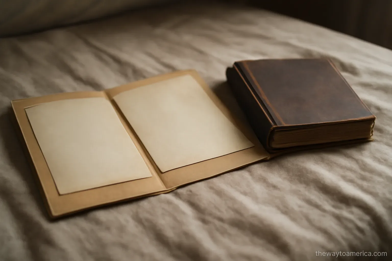 an old cardboard folder of family papers opened on a bed beside a worn photo album