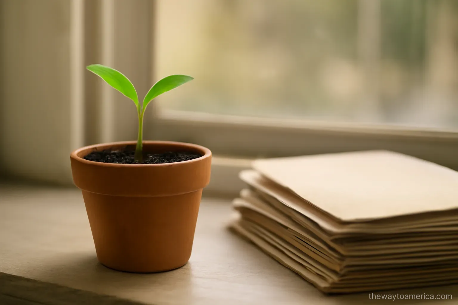 a seedling in a pot on a windowsill beside a stack of folders in morning light