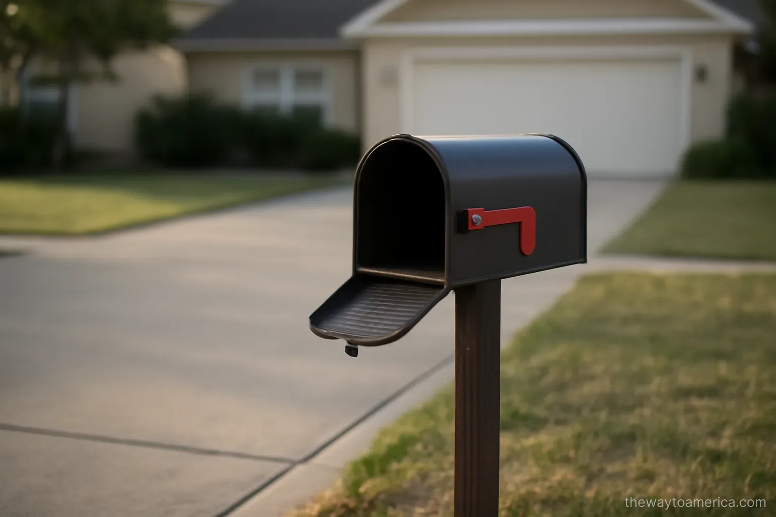 an empty mailbox standing at the end of a suburban driveway in flat morning light