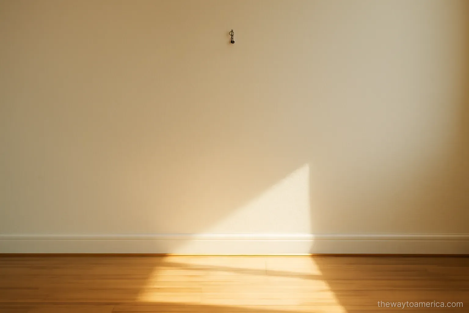 a bare apartment wall with a single hook where nothing hangs and morning light across the floor