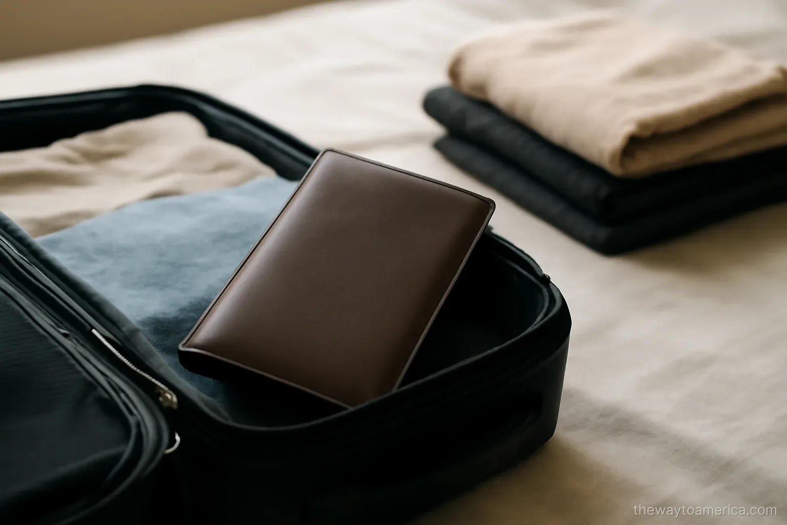 a slim document wallet tucked into an open carry-on bag on a bed beside folded clothes