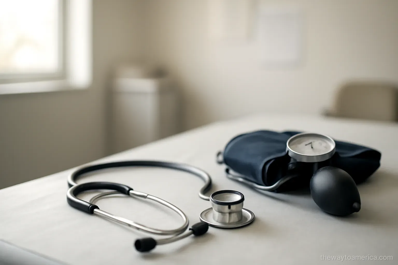 a stethoscope and blood pressure cuff resting on a clean examination table in an empty room