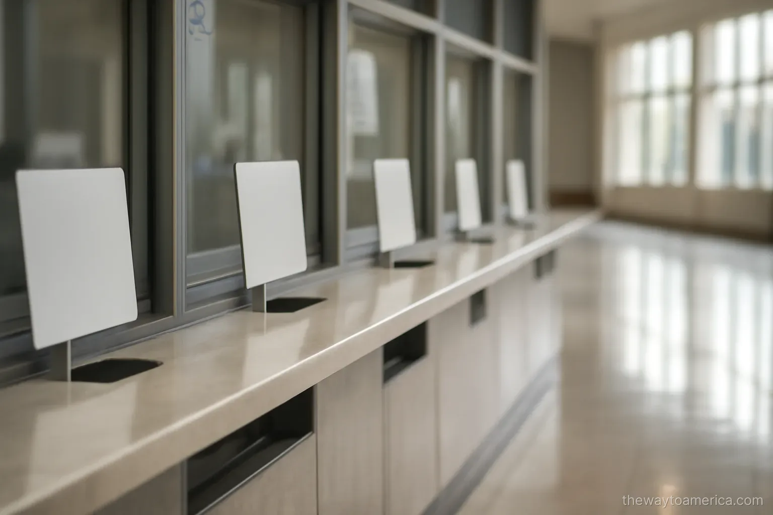 a row of service windows along a quiet counter in a large hall with polished floors