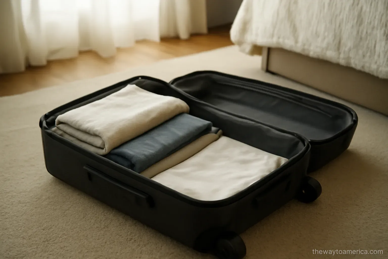 an open suitcase on a bedroom floor with clothes folded on one side and space on the other