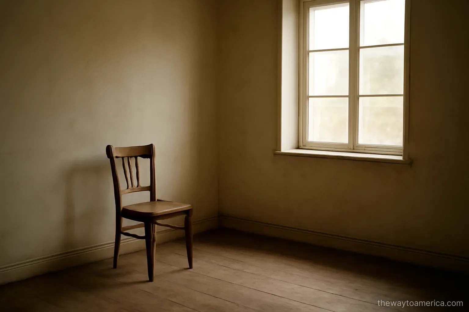 an emptied room with bare walls and one chair left near a window in afternoon light