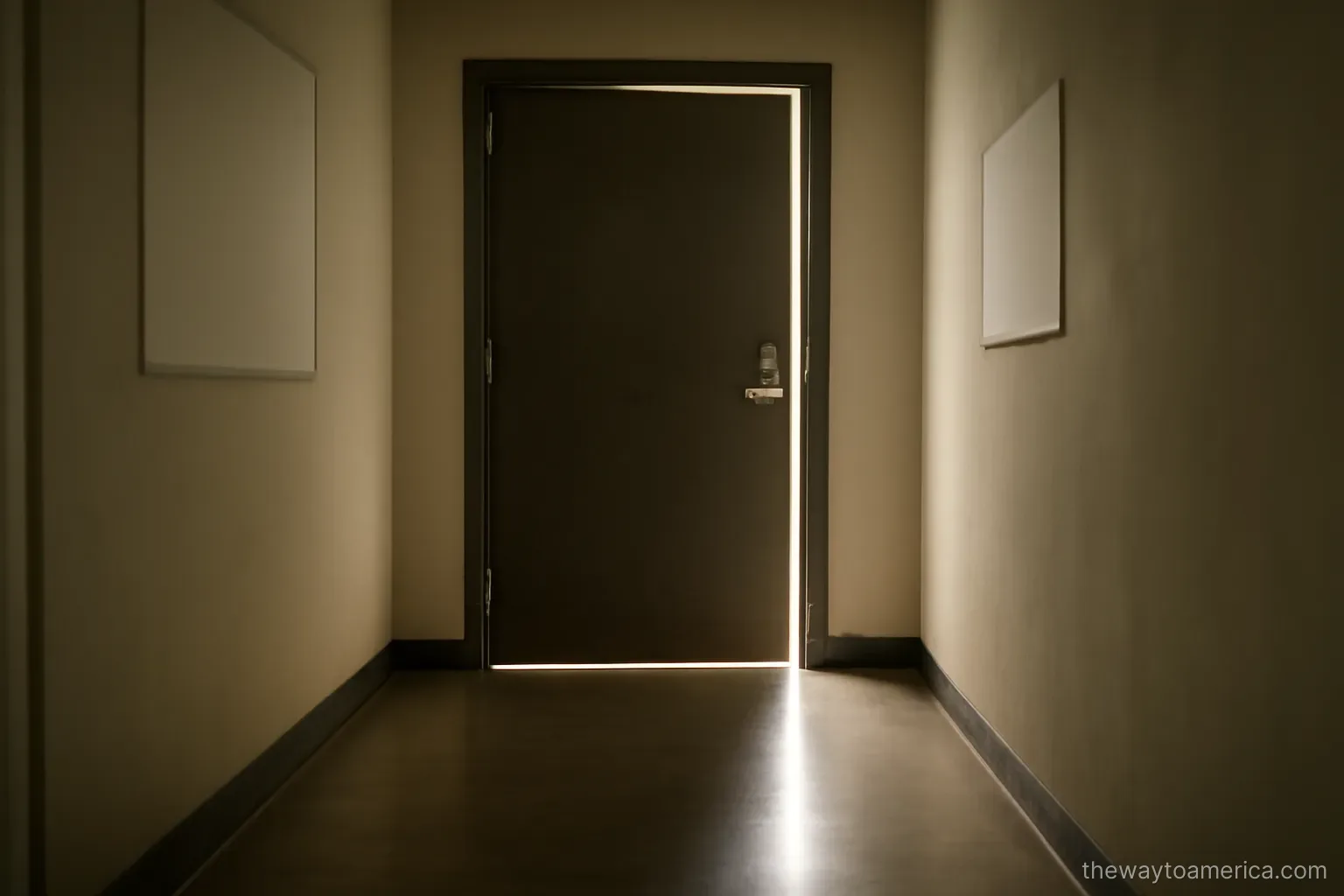 a heavy door closing at the end of a plain corridor with light narrowing to a line on the floor