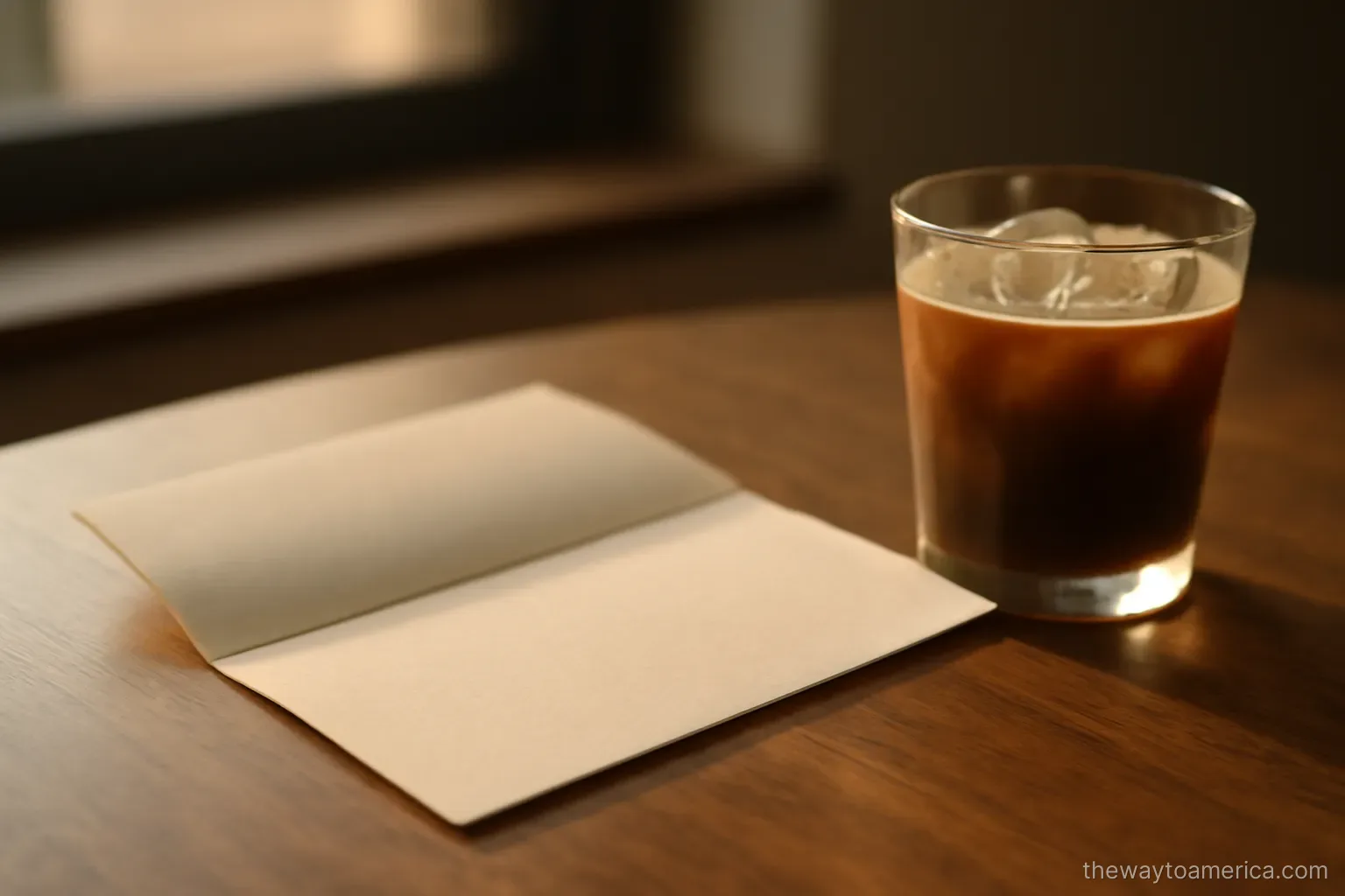 a single opened letter lying on a desk beside a cup of cold coffee in early evening light