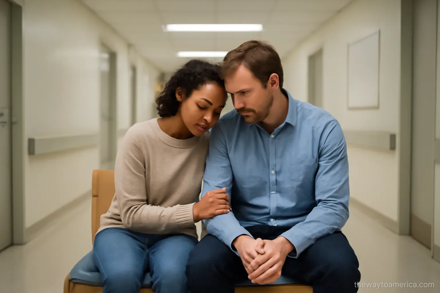 two people sitting close together on a bench in a hospital corridor under even ceiling light