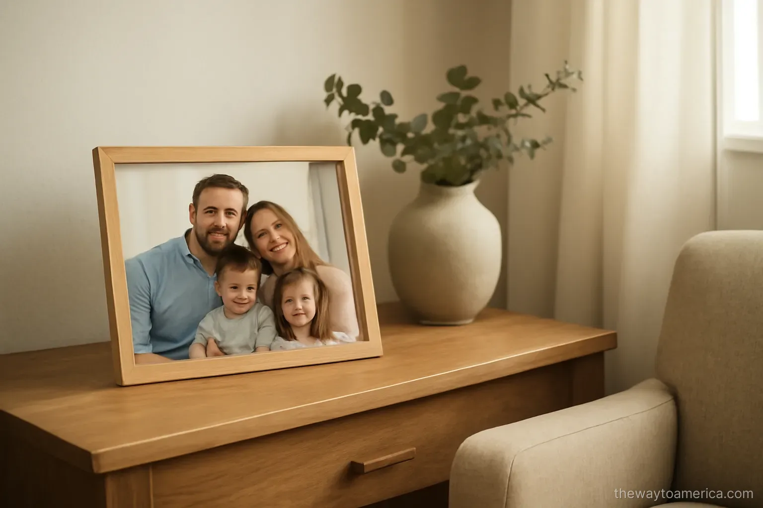 a family photograph on a shelf beside an empty chair in a living room at midday
