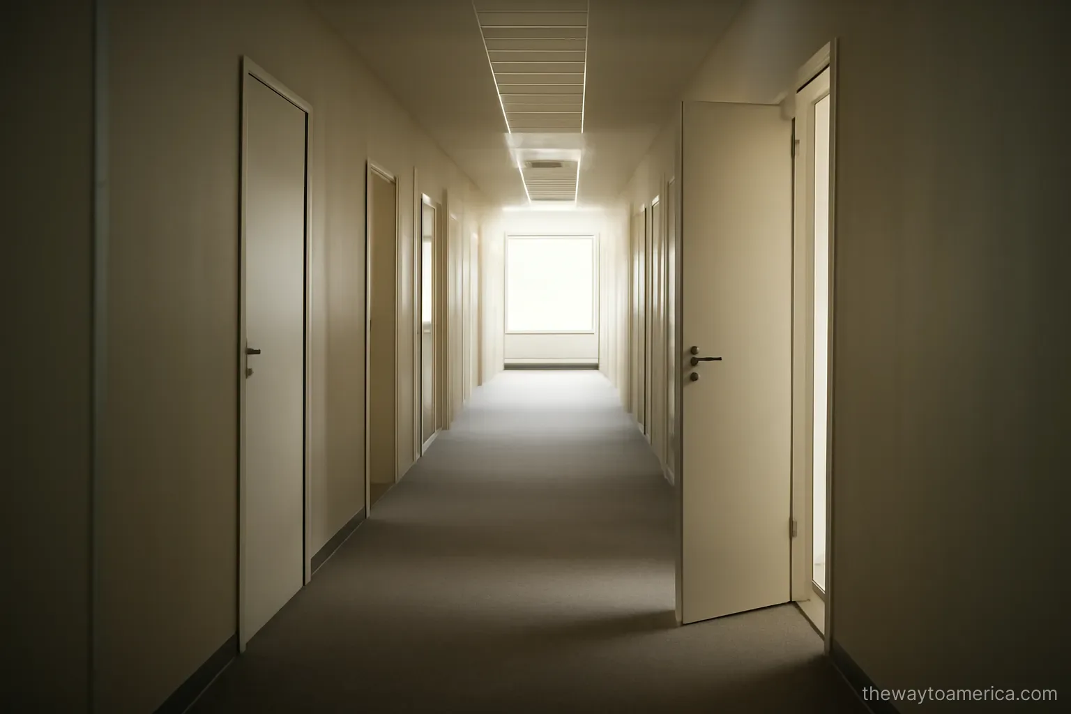 a long hallway with several plain doors receding into soft daylight and one door standing slightly open
