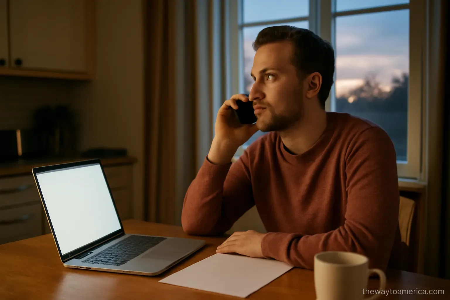 a person at a kitchen table in an American home talking on the phone and looking toward a window at dusk